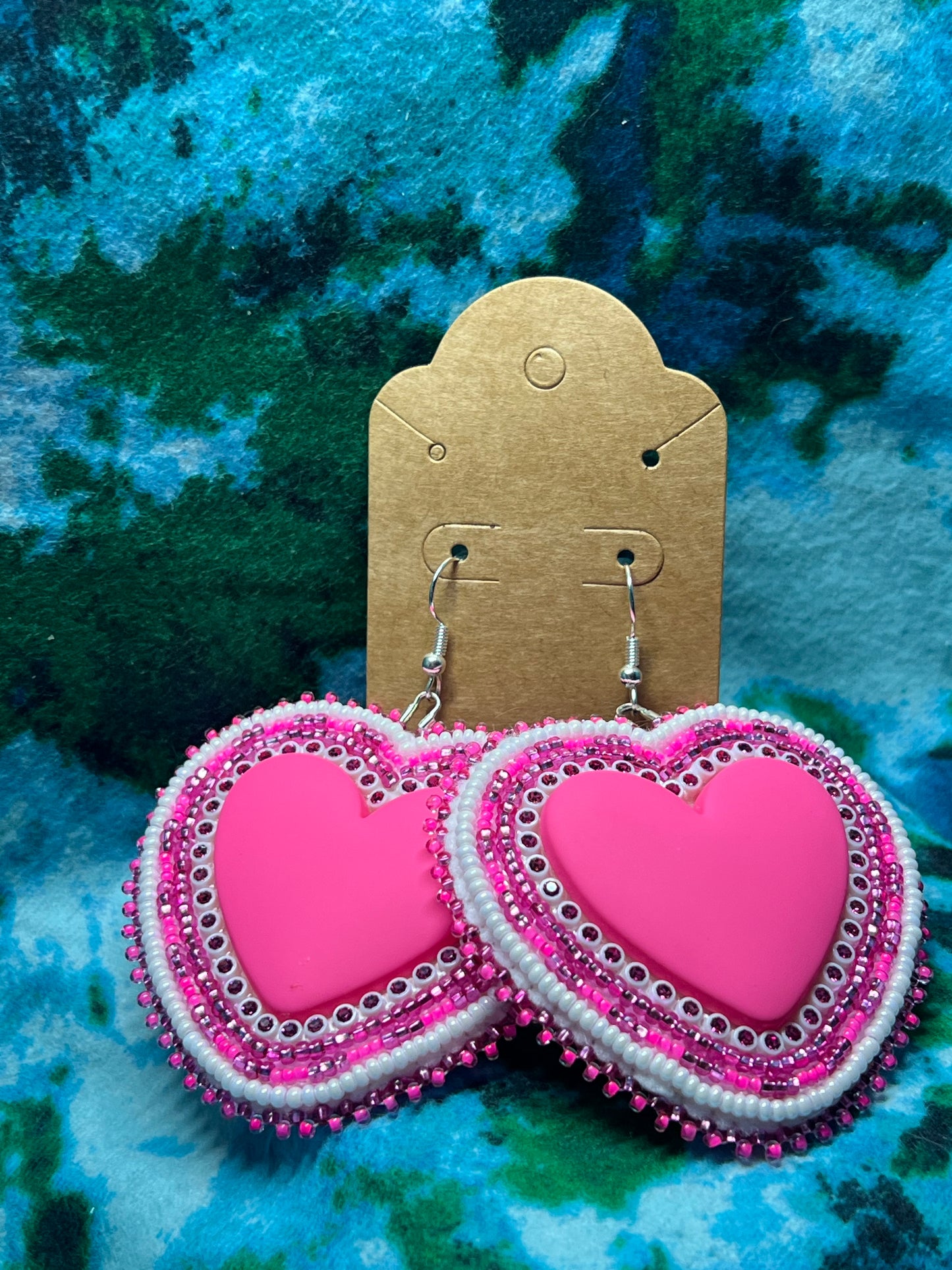 Hot Pink Beaded heart earrings
