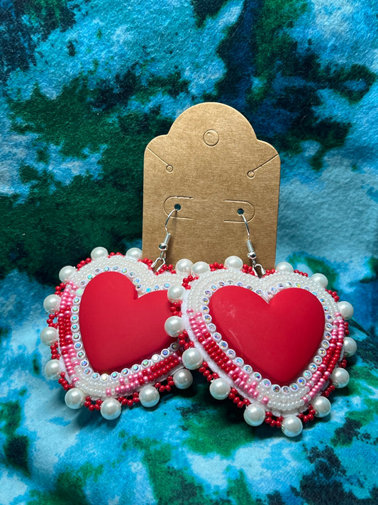 Red and White heart earrings
